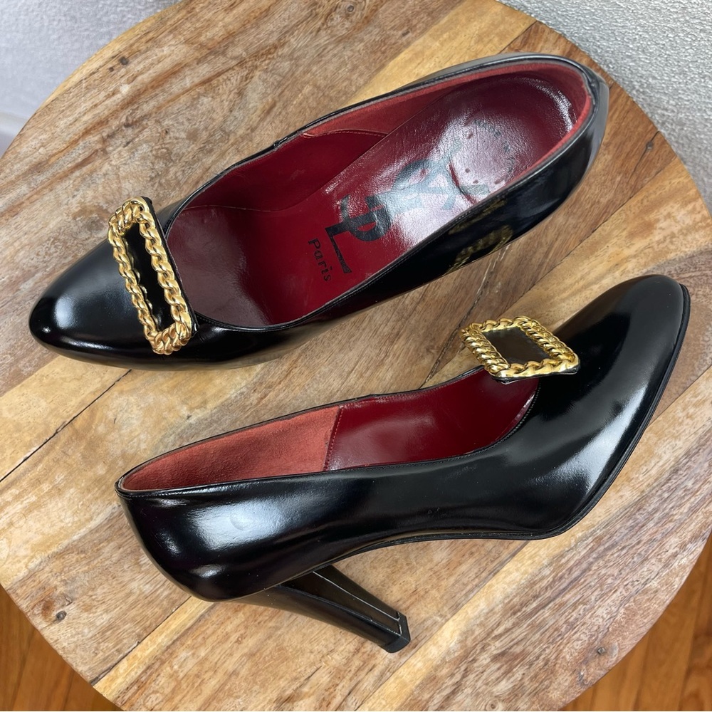 Vintage l 70s 7M YSL Paris Tailored Black Patent Leather Gold Chain Buckle Heels